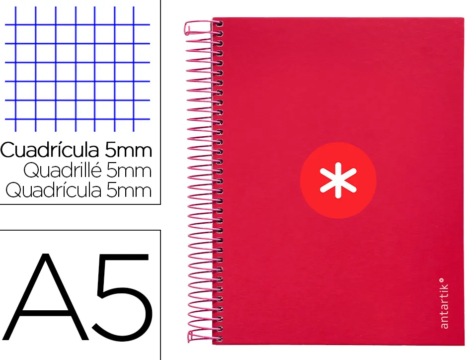 Cahier spirale antartik a5 14,8x21cm 240p 90g/m2 5x5mm 6 trous coil-lock coloris framboise