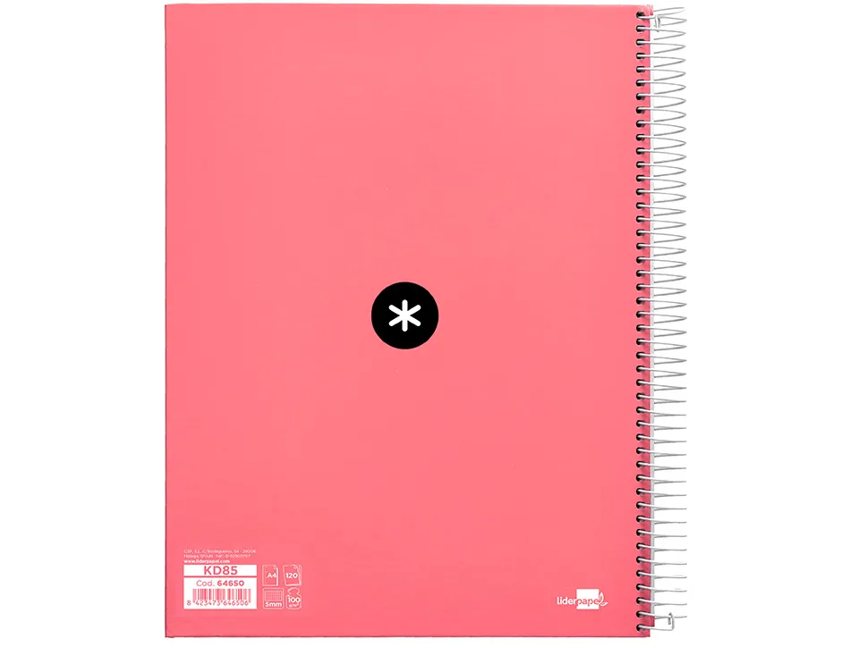 Cahier spirale antartik a4 240p 90g remborde quadrillage 5mm microperfore 5 bandes 4 trous coloris corail