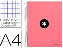 Cahier spirale antartik a4 240p 90g remborde quadrillage 5mm microperfore 5 bandes 4 trous coloris corail
