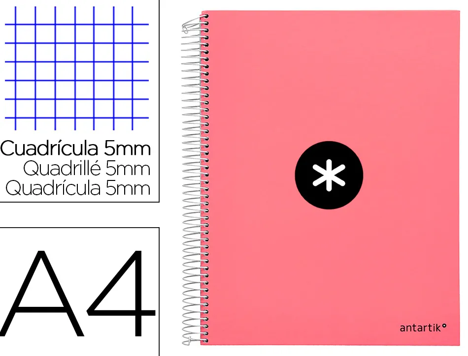 Cahier spirale antartik a4 240p 90g remborde quadrillage 5mm microperfore 5 bandes 4 trous coloris corail