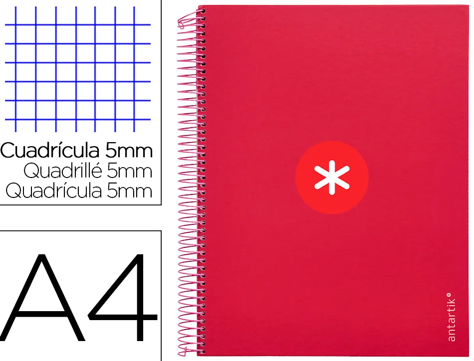 Cahier spirale antartik a4 240p 90g remborde 5x5mm microperfore 5 bandes 4 trous coloris framboise