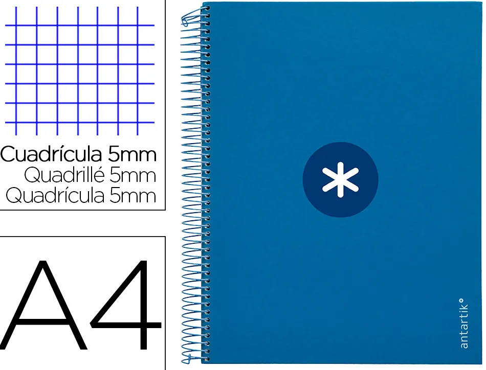 Cahier spirale antartik a4 240p 90g remborde 5x5mm microperfore 5 bandes 4 trous coloris bleu marine
