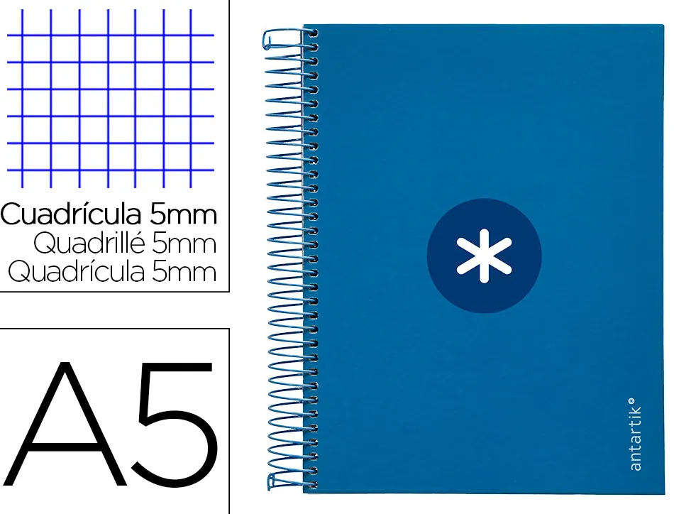 Cahier spirale antartik a5 14,8x21cm 240p 90g/m2 5x5mm 6 trous coil-lock coloris bleu marine