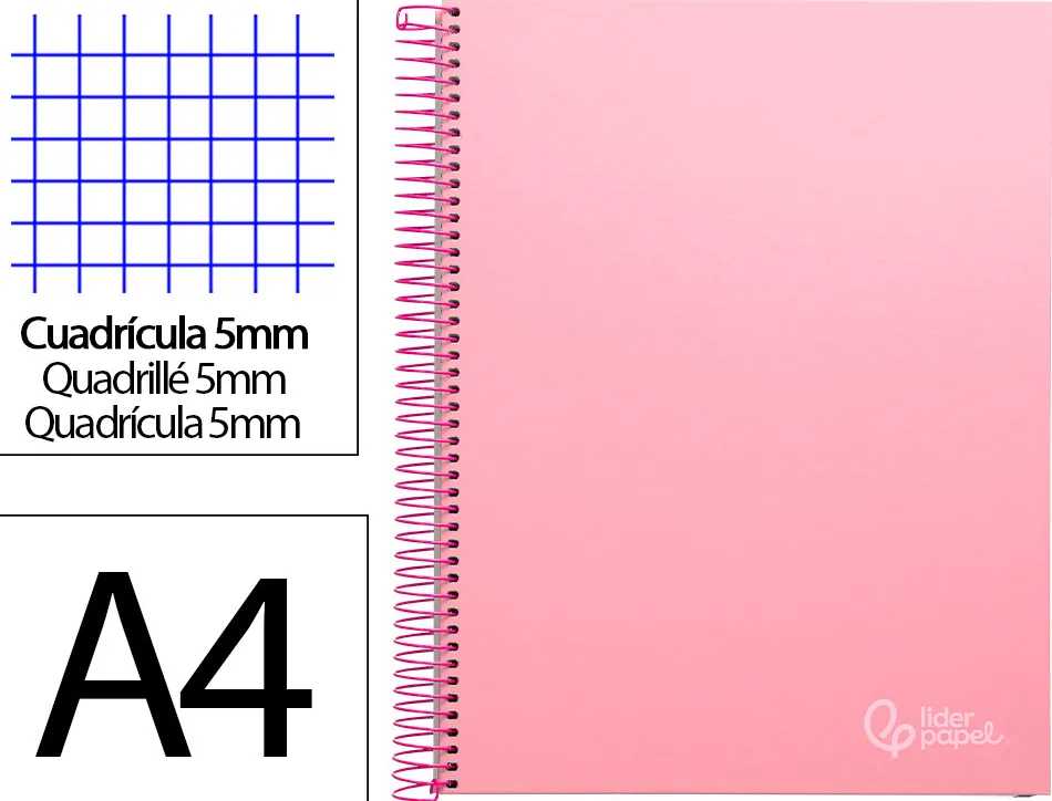 Cahier spirale liderpape jollycouverture contrecollée a4 280p 75g/m2 5x5mm microperforé 4 trous coloris rose