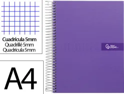 Cahier spirale liderpapel crafty couverture contrecollée a4 240p 90g/m2 5x5mm mnicroperforé 4 trous coloris violet