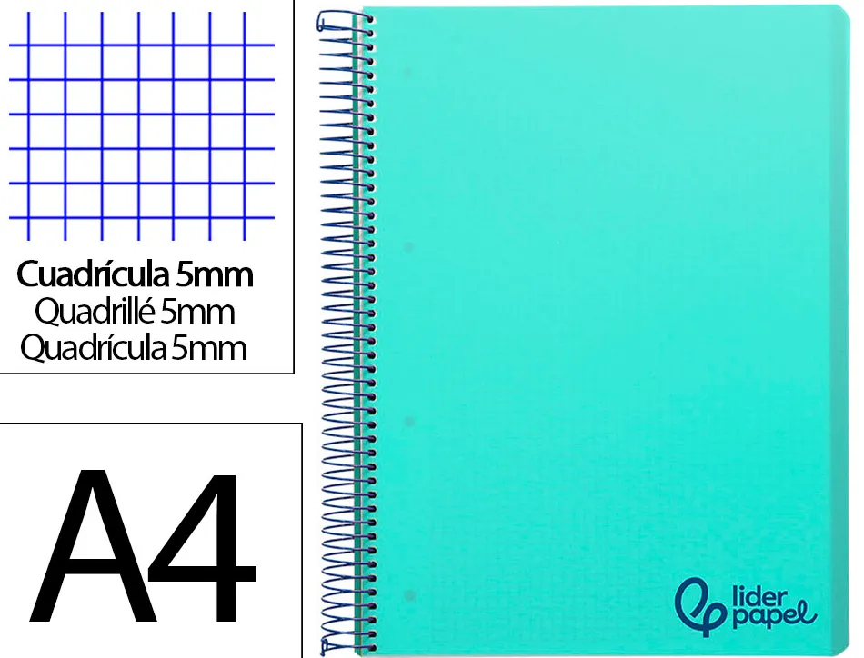 Cahier spirale liderpapel a4 micro wonder 240 pages 90g 5x5mm 4 trous 5 bandes couleurs vert
