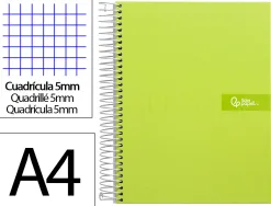 Cahier spirale liderpapel crafty couverture contrecollée a4 240p 90g/m2 5x5mm microperforé 4 trous coloris vert