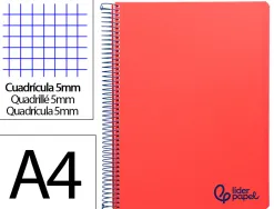 Cahier spirale liderpapel a4 micro wonder 240 pages 90g 5x5mm 4 trous 5 bandes couleurs rouge