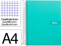 Cahier spirale liderpapel crafty couverture contrecollée a4 240p 90g/m2 5x5mm microperforé 4 trous coloris turquoise