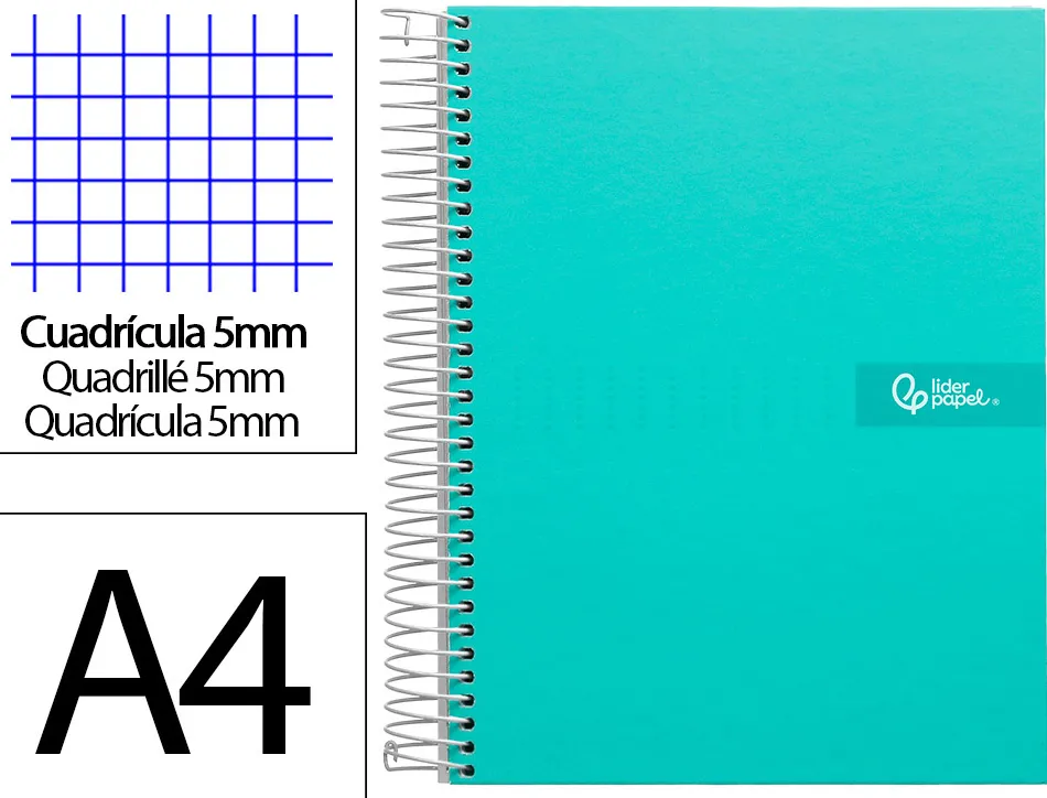Cahier spirale liderpapel crafty couverture contrecollée a4 240p 90g/m2 5x5mm microperforé 4 trous coloris turquoise
