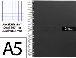 Cahier spirale liderpapel crafty couverture contrecollée a5 240p 90g/m2 5x5mm microperforé 6 trous coloris noir