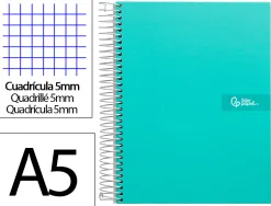 Cahier spirale liderpapel crafty couverture contrecollée a5 240p 90g/m2 5x5mm microperforé 6 trous coloris turquoise