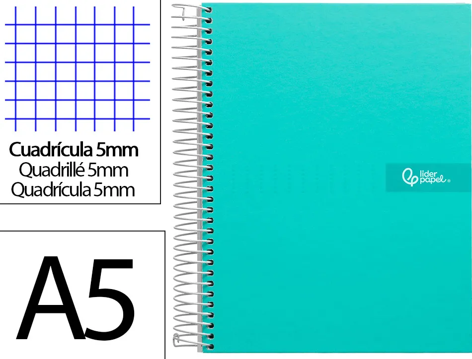 Cahier spirale liderpapel crafty couverture contrecollée a5 240p 90g/m2 5x5mm microperforé 6 trous coloris turquoise
