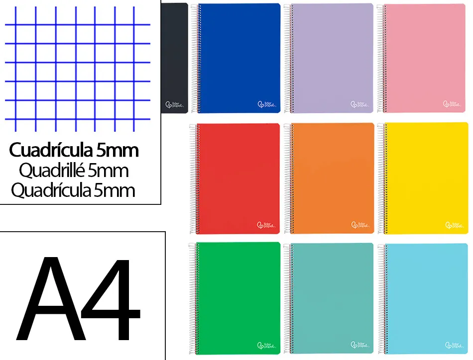 Cahier spirale liderpapel witty a4 couverture rigide 120 feuilles 90g/m2 5x5mm 4 trous perfores coloris