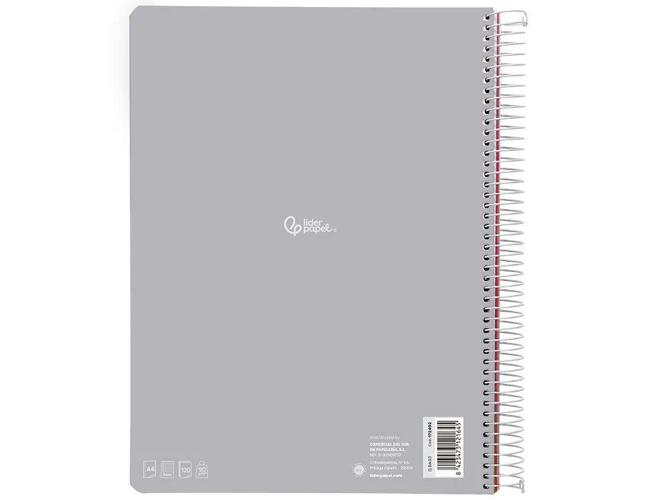 Cahier spirale liderpapel witty a4 couverture rigide 120 feuilles 90g/m2 5x5mm 4 trous perfores coloris