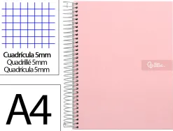 Cahier spirale liderpapel crafty couverture contrecollée a4 240p 90g/m2 5x5mm microperforé 4 trous coloris rose