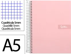 Cahier spirale liderpapel crafty couverture contrecollée a5 240p 90g/m2 5x5mm microperforé 6 trous coloris rose