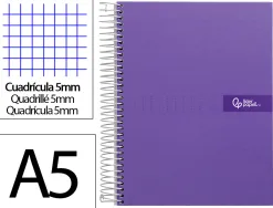 Cahier spirale liderpapel crafty couverture contrecollée a5 240p 90g/m2 5x5mm microperforé 6 trous coloris violet