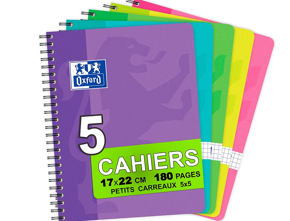 Cahier spirale oxford couverture cartonnée reliure intégrale optik paper a5+ 17x22cm 180 pages 90g 5x5mm 4 trous