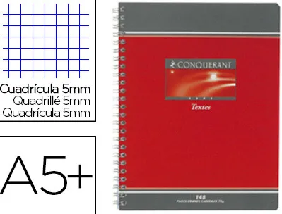 Cahier textes piqué conquérant sept couverture offset a5+ 17x22cm 124 pages 70g quadrillage 5x5