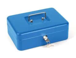 Caisse monnaie q-connect structure acier 0.8mm épaisseur plateau amovible espace billets 250x180x90mm coloris bleu