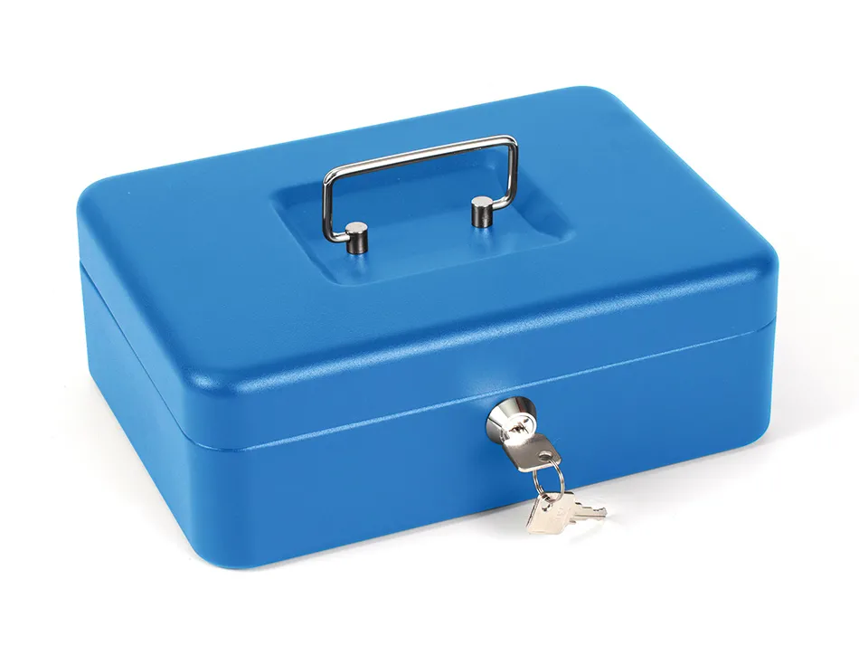 Caisse monnaie q-connect structure acier 0.8mm épaisseur plateau amovible espace billets 250x180x90mm coloris bleu