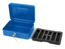 Caisse monnaie q-connect structure acier 0.8mm épaisseur plateau amovible espace billets 250x180x90mm coloris bleu