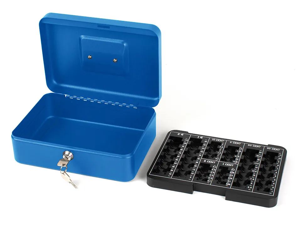 Caisse monnaie q-connect structure acier 0.8mm épaisseur plateau amovible espace billets 250x180x90mm coloris bleu