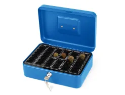 Caisse monnaie q-connect structure acier 0.8mm épaisseur plateau amovible espace billets 250x180x90mm coloris bleu