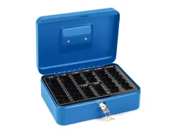 Caisse monnaie q-connect structure acier 0.8mm épaisseur plateau amovible espace billets 250x180x90mm coloris bleu
