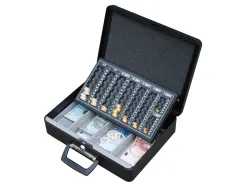 Caisse monnaie q-connect structure acier 0.8mm épaisseur plateau amovible espace billets 370x110x290mm coloris noir