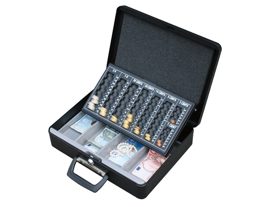 Caisse monnaie q-connect structure acier 0.8mm épaisseur plateau amovible espace billets 370x110x290mm coloris noir