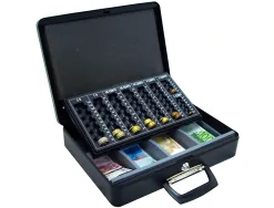 Caisse monnaie q-connect structure acier 0.8mm épaisseur plateau amovible espace billets 370x110x290mm coloris noir