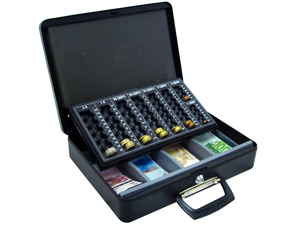 Caisse monnaie q-connect structure acier 0.8mm épaisseur plateau amovible espace billets 370x110x290mm coloris noir