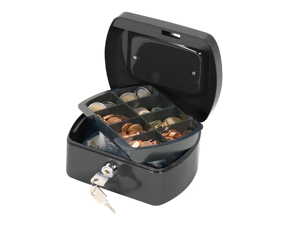 Caisse monnaie q-connect structure acier 0.8mm épaisseur plateau amovible espace billets 152x80x115mm coloris noir