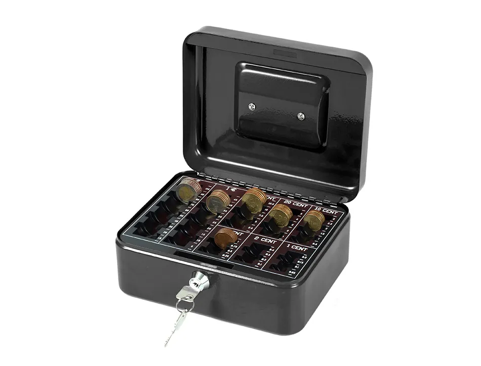 Caisse monnaie q-connect structure acier 0.8mm épaisseur plateau amovible espace billets 200x160x90mm coloris noir