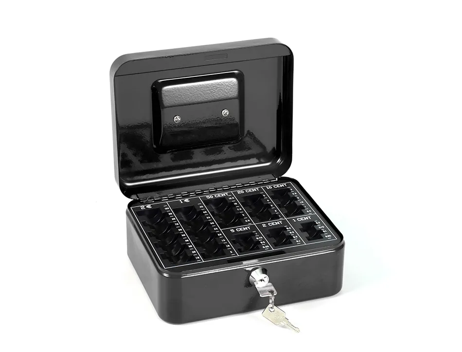 Caisse monnaie q-connect structure acier 0.8mm épaisseur plateau amovible espace billets 200x160x90mm coloris noir