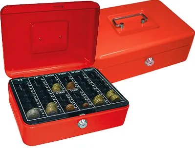 Caisse monnaie q-connect structure acier 0.8mm épaisseur plateau amovible espace billets 250x180x90mm coloris rouge