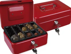 Caisse monnaie q-connect structure acier 0.8mm épaisseur plateau amovible espace billets 200x160x90mm coloris rouge