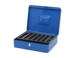 Caisse monnaie q-connect structure acier 0.8mm épaisseur plateau amovible espace billets 300x240x90mm coloris bleu