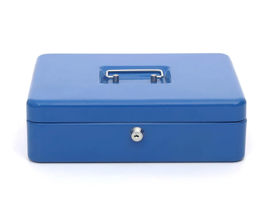 Caisse monnaie q-connect structure acier 0.8mm épaisseur plateau amovible espace billets 300x240x90mm coloris bleu