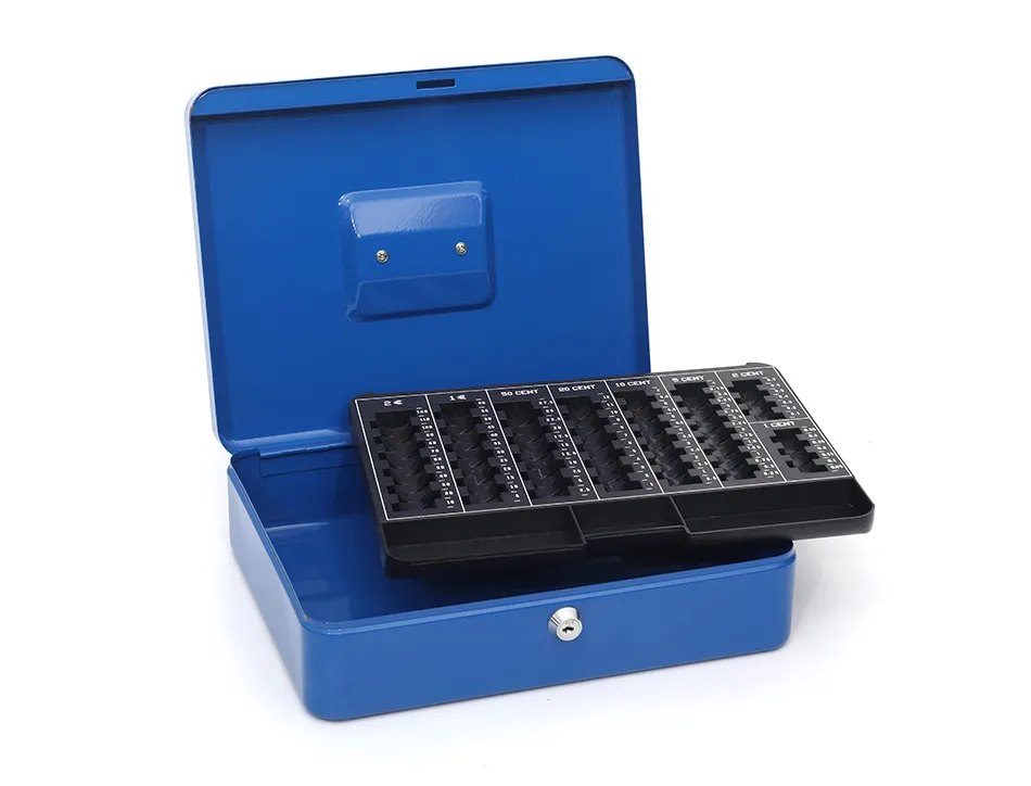 Caisse monnaie q-connect structure acier 0.8mm épaisseur plateau amovible espace billets 300x240x90mm coloris bleu