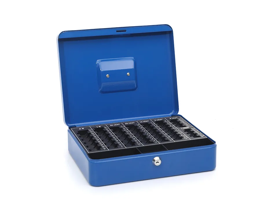 Caisse monnaie q-connect structure acier 0.8mm épaisseur plateau amovible espace billets 300x240x90mm coloris bleu