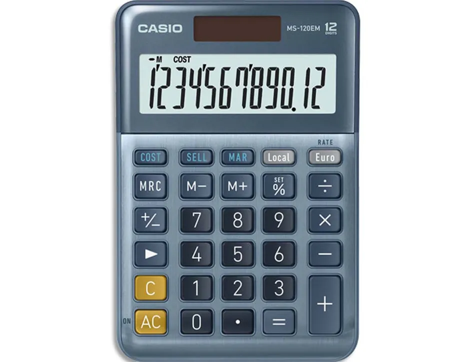 Calculatrice casio bureau ms120em gran ecran 12 chiffres euro convertisseur memoire solaire/pile couleur