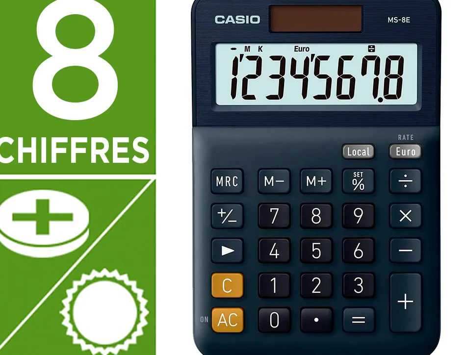 Calculatrice casio bureau ms8e gran ecran 8 chiffres euro convertisseur memoire solaire/pile couleur bleu