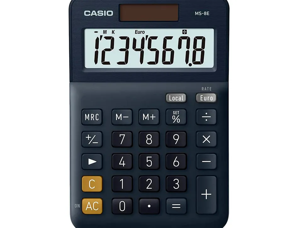 Calculatrice casio bureau ms8e gran ecran 8 chiffres euro convertisseur memoire solaire/pile couleur bleu
