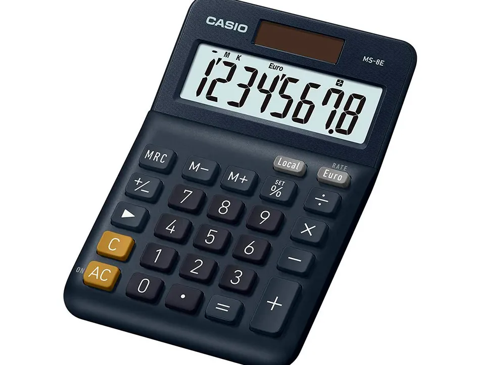 Calculatrice casio bureau ms8e gran ecran 8 chiffres euro convertisseur memoire solaire/pile couleur bleu