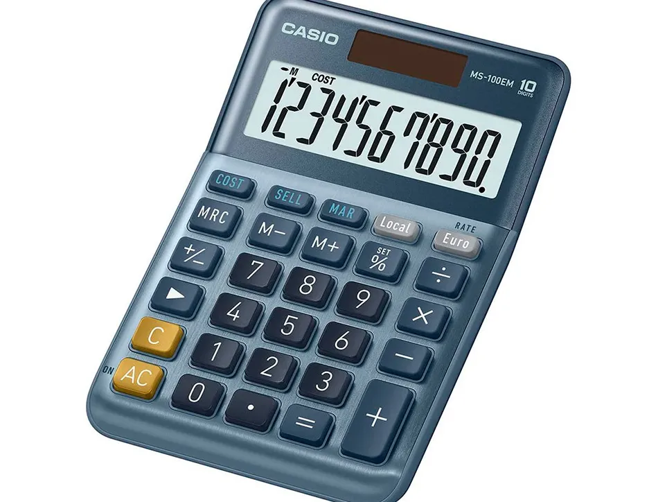 Calculatrice casio bureau ms100em gran ecran 10 chiffres euro convertisseur memoire solaire/pile couleur