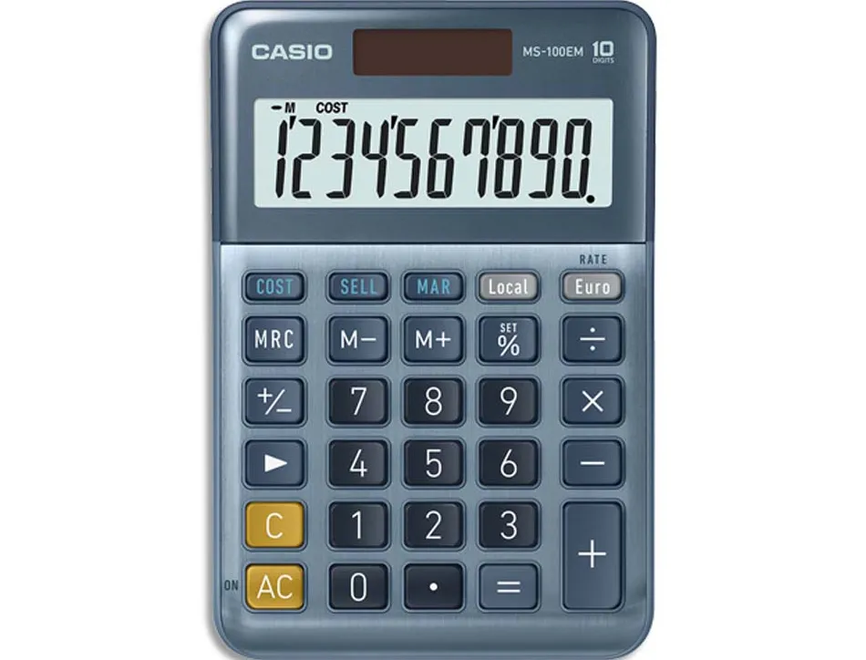 Calculatrice casio bureau ms100em gran ecran 10 chiffres euro convertisseur memoire solaire/pile couleur
