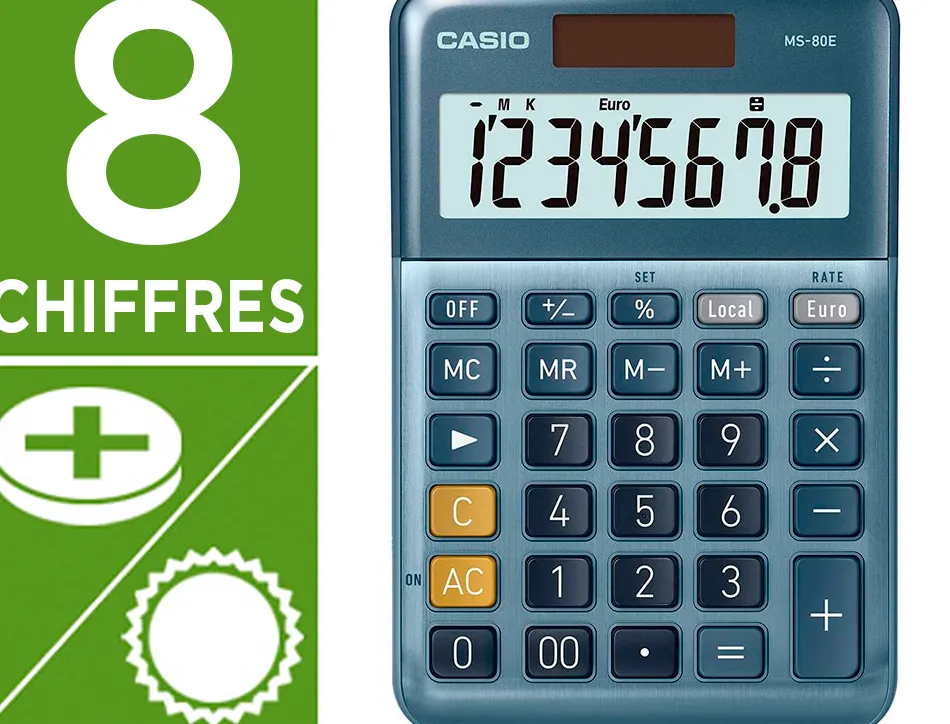 Calculatrice casio bureau ms80e gran ecran 8 chiffres euro convertisseur memoire solaire/pile couleur bleu